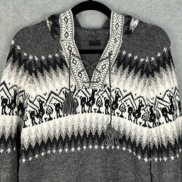 Alpaca Fina Sweater Womens Small Gray Fair Isle Hooded Natural Peru Artisan Boho - Picture 2 of 12